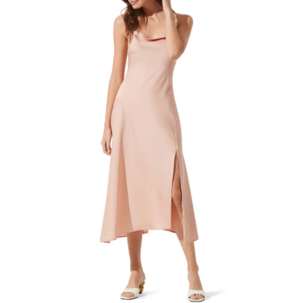 ASTR The Label Slip Midi Dress Women's Small Pink Blush Satin Cowl Strappy NWT